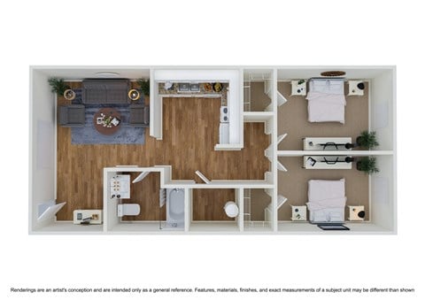 Floor plan for 2 beds, 1 bath, 846 sqft